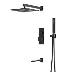 Artos Edge Thermostatic Shower Trim Kit with Wall Mount Shower Head, Hand Shower, Tub Filler in Matte Black – Wide Control Trim Style