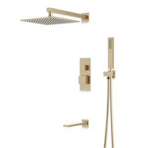 Artos Edge Thermostatic Shower Trim Kit with Wall Mount Shower Head, Hand Shower, Tub Filler in Satin Brass – Wide Control Trim Style – PS119SB