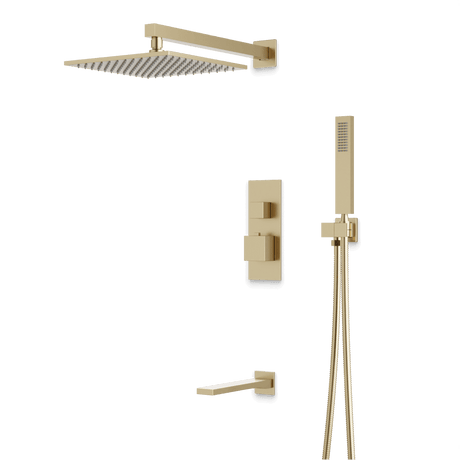 Artos Edge Thermostatic Shower Trim Kit with Wall Mount Shower Head, Hand Shower, Tub Filler in Satin Brass – Wide Control Trim Style – PS119SB