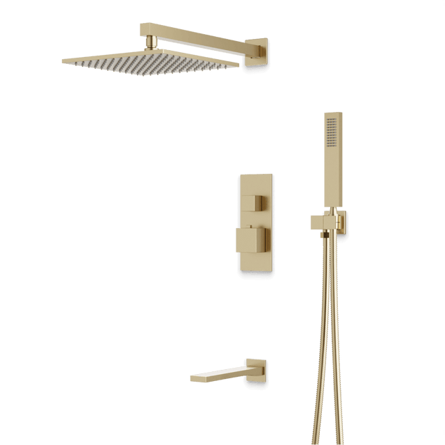 Artos Edge Thermostatic Shower Trim Kit with Wall Mount Shower Head, Hand Shower, Tub Filler in Satin Brass – Wide Control Trim Style – PS119SB