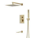 Artos Edge Thermostatic Shower Trim Kit with Wall Mount Shower Head, Hand Shower, Tub Filler in Satin Brass – Wide Control Trim Style – PS119SB