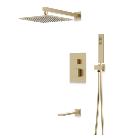 Artos Edge Thermostatic Shower Trim Kit with Wall Mount Shower Head, Hand Shower, Tub Filler in Satin Brass – Wide Control Trim Style – PS119SB