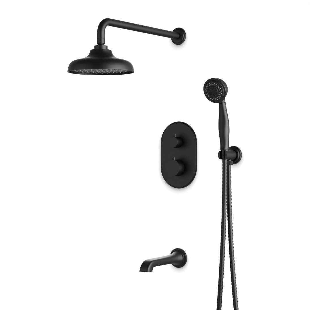 Artos Classic Thermostatic Shower Trim Kit with Hand Shower, Tub Filler in Matte Black – Wide Control Trim Style – PS120DCLBK