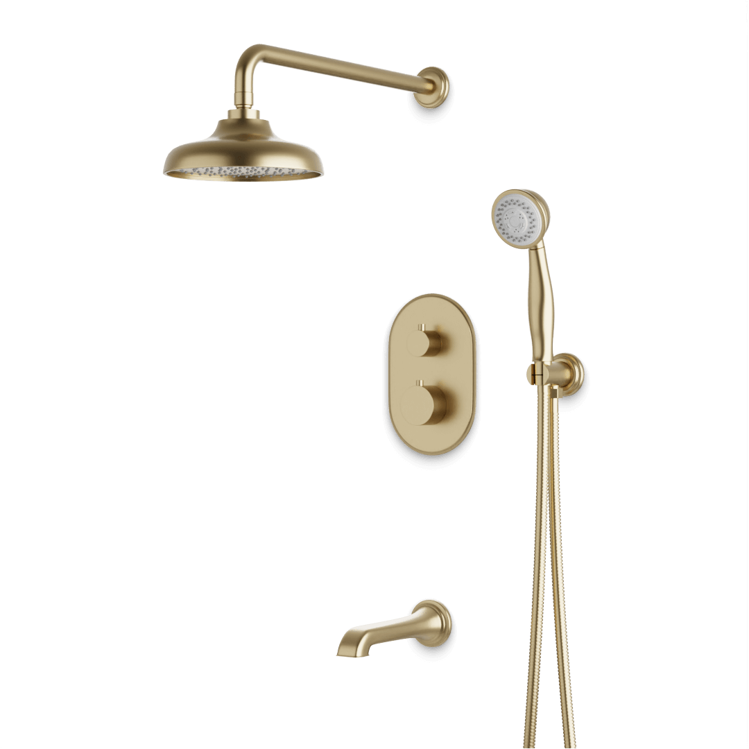 Artos Classic Thermostatic Shower Trim Kit with Hand Shower, Tub Filler in Satin Brass – Wide Control Trim Style – PS120DCLSB