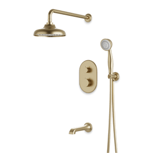 Artos Classic Thermostatic Shower Trim Kit with Hand Shower, Tub Filler in Satin Brass – Wide Control Trim Style – PS120DCLSB