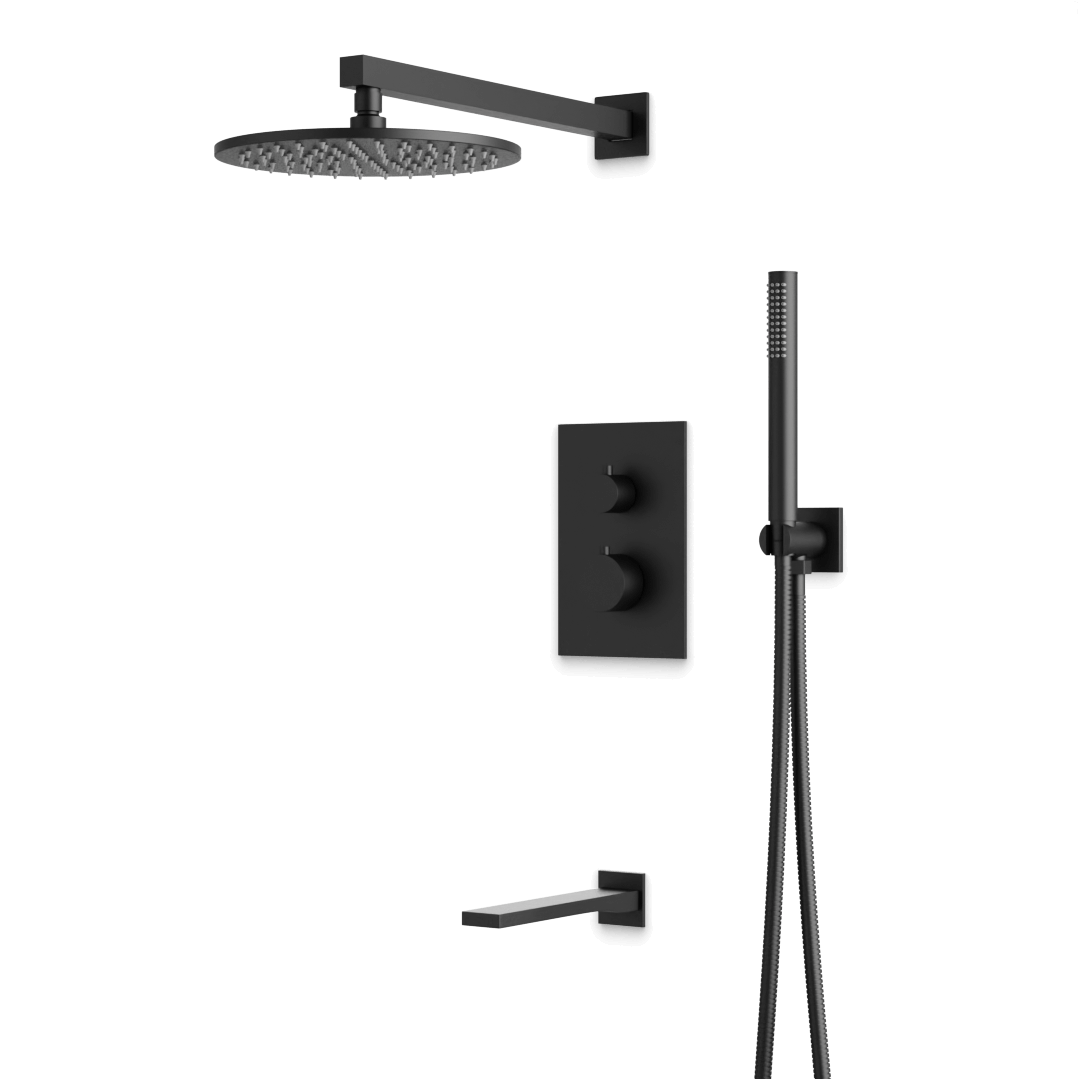 Artos Otella Thermostatic Shower Trim Kit with Hand Shower, Tub Filler in Matte Black – Wide Control Trim Style – PS121BK