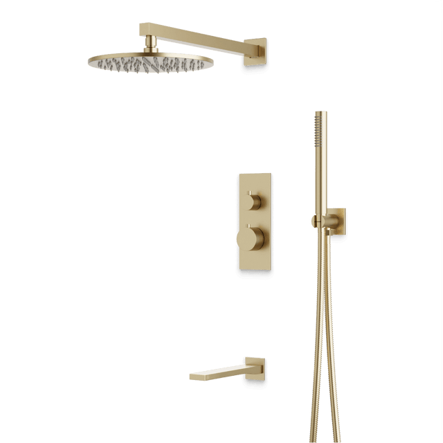 Artos Otella Thermostatic Shower Trim Kit with Hand Shower, Tub Filler in Satin Brass – Wide Control Trim Style – PS121SB