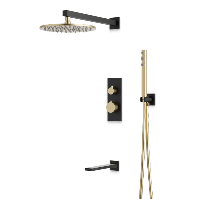 Artos Otella Thermostatic Shower Trim Kit with Hand Shower, Tub Filler in Satin Brass/Matte Black – Wide Control Trim Style – PS121SBB