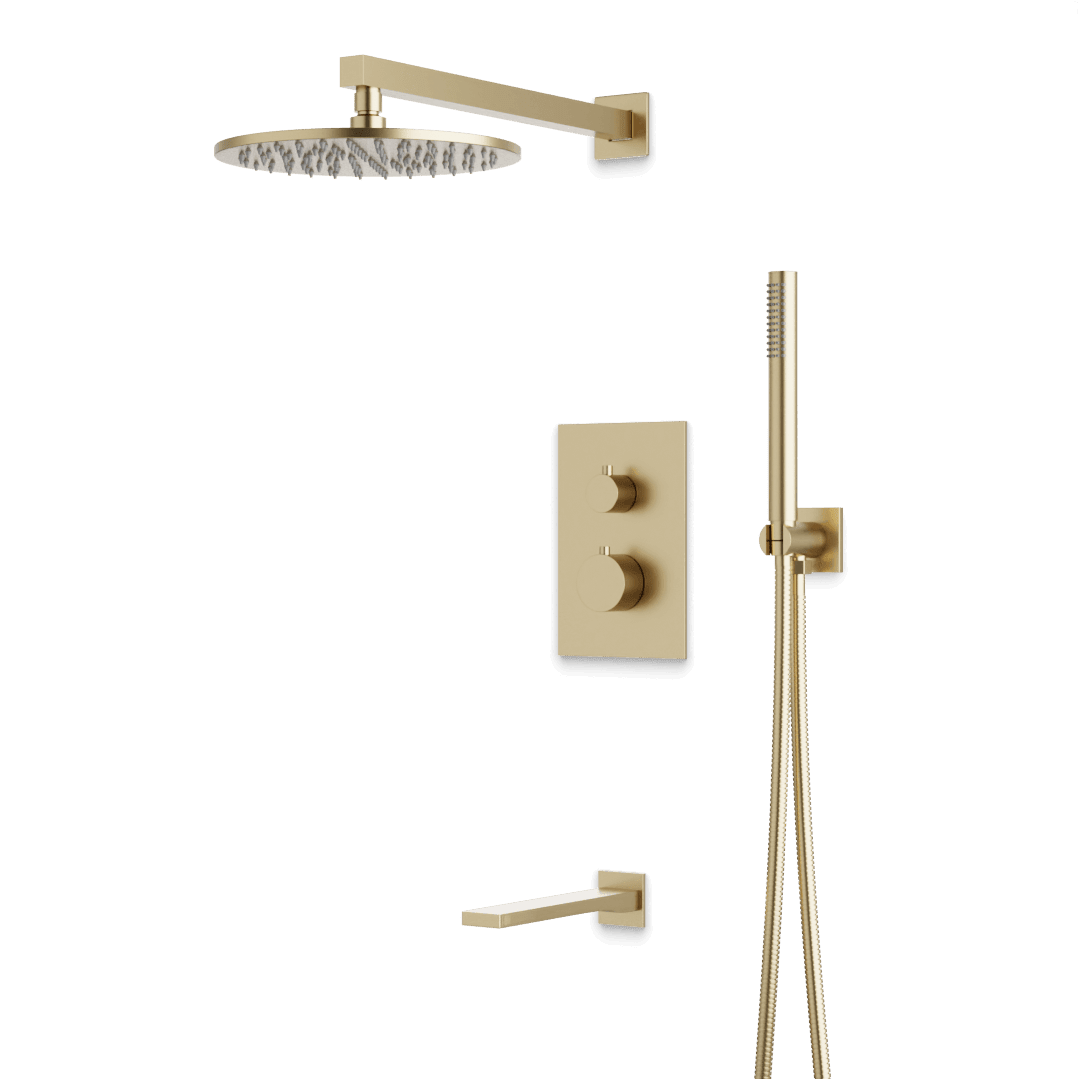 Artos Otella Thermostatic Shower Trim Kit with Hand Shower, Tub Filler in Satin Brass – Wide Control Trim Style – PS121SB
