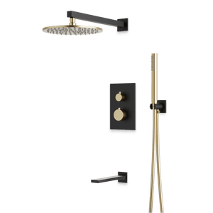 Artos Otella Thermostatic Shower Trim Kit with Hand Shower, Tub Filler in Satin Brass/Matte Black – Wide Control Trim Style – PS121SBB