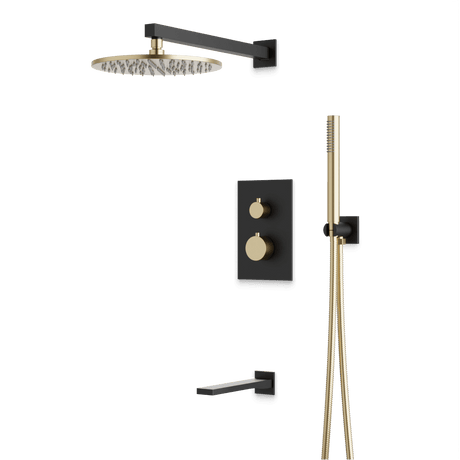 Artos Otella Thermostatic Shower Trim Kit with Hand Shower, Tub Filler in Satin Brass/Matte Black – Wide Control Trim Style – PS121SBB