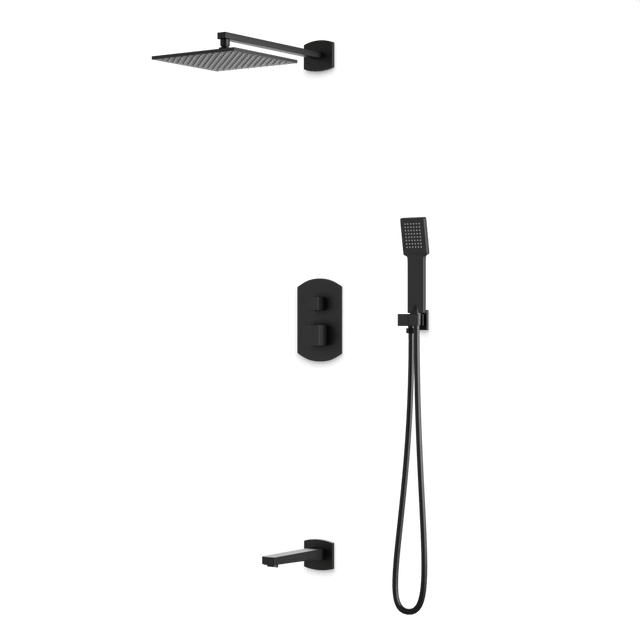 Artos Transitional Thermostatic Shower Trim Kit with Wall Mount Shower Head, Hand Shower, Tub Filler in Matte Black – PS122BK
