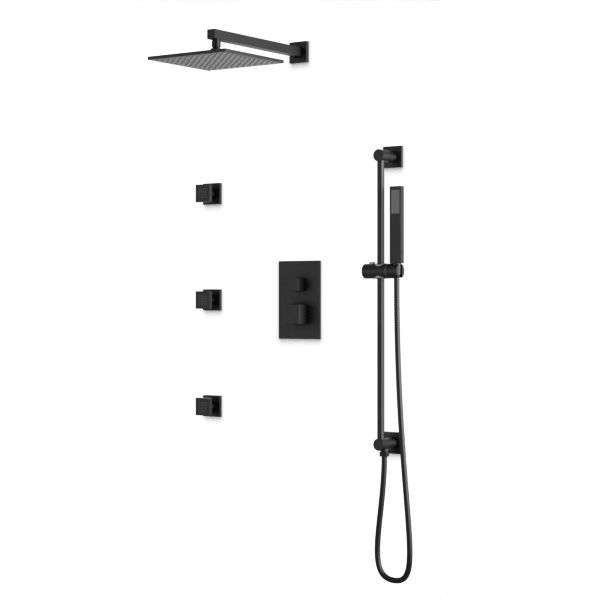 Artos Square Thermostatic Shower Trim Kit with Wall Mount Shower Head, Hand Shower on Slide Bar, Body Jets in Matte Black – PS123BK