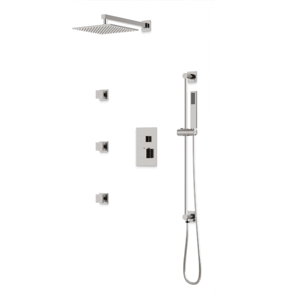 Artos Square Thermostatic Shower Trim Kit with Wall Mount Shower Head, Hand Shower on Slide Bar, Body Jets in Brushed Nickel – PS123BN