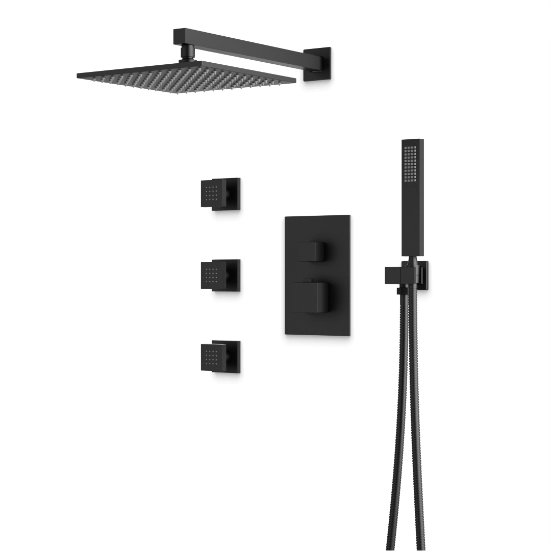 Artos Edge Thermostatic Shower Trim Kit with Wall Mount Shower Head, Hand Shower, Body Jets in Matte Black – Wide Control Trim Style – PS127BK