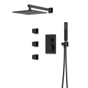 Artos Edge Thermostatic Shower Trim Kit with Wall Mount Shower Head, Hand Shower, Body Jets in Matte Black – Wide Control Trim Style – PS127BK