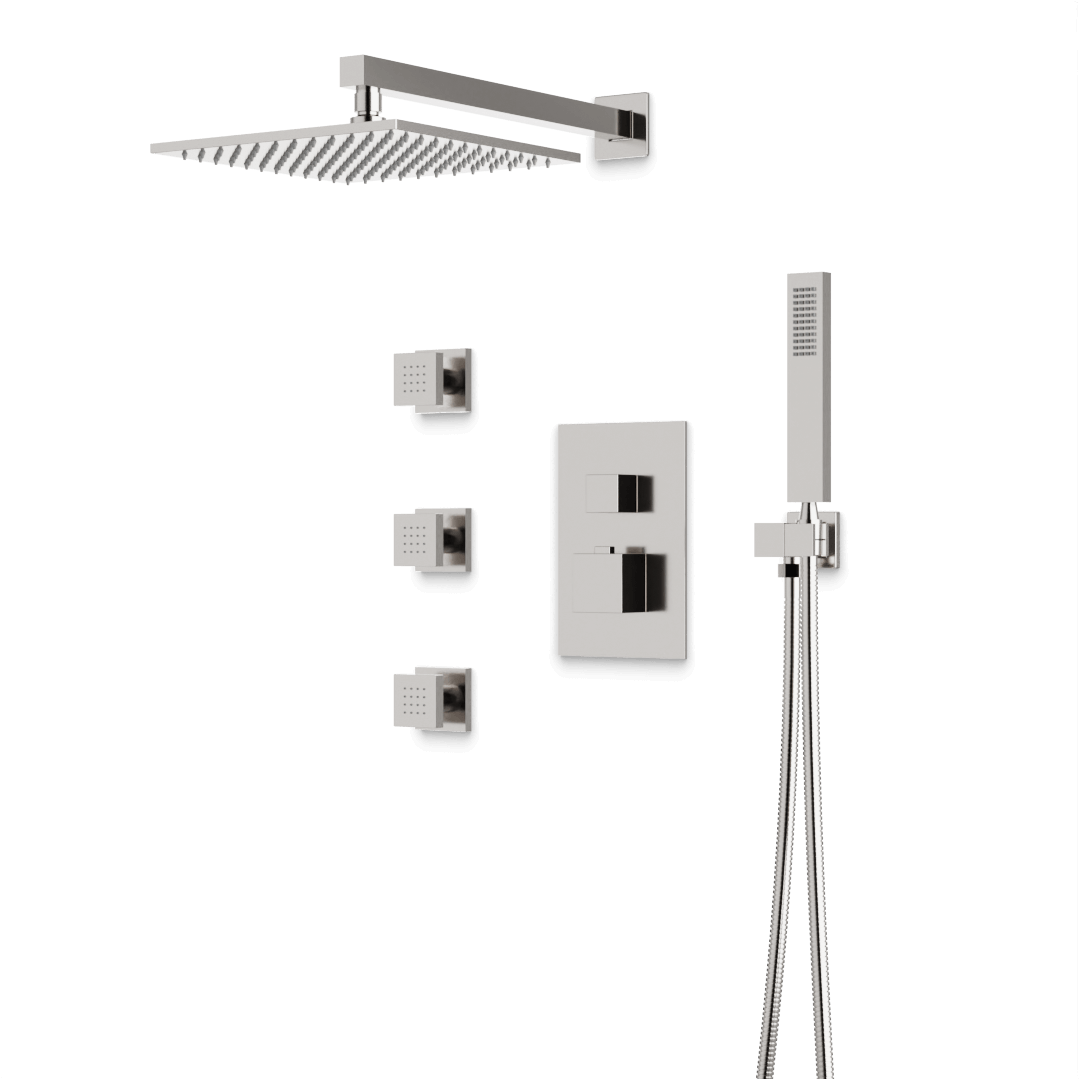 Artos Edge Thermostatic Shower Trim Kit with Wall Mount Shower Head, Hand Shower, Body Jets in Brushed Nickel – Wide Control Trim Style – PS127BN