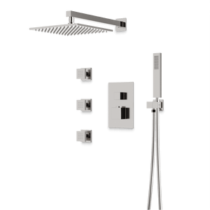 Artos Edge Thermostatic Shower Trim Kit with Wall Mount Shower Head, Hand Shower, Body Jets in Brushed Nickel – Wide Control Trim Style – PS127BN