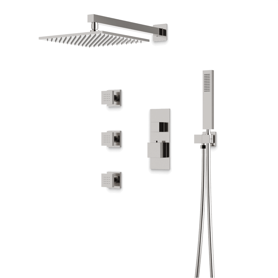 Artos Edge Thermostatic Shower Trim Kit with Wall Mount Shower Head, Hand Shower, Body Jets in Brushed Nickel – Wide Control Trim Style – PS127BN