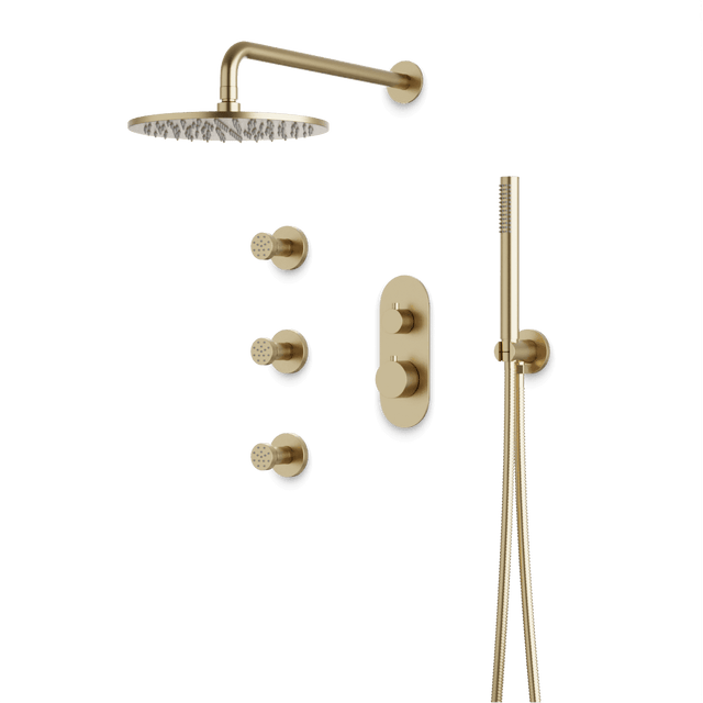 Artos Opera Thermostatic Shower Trim Kit with Hand Shower, Body Jets in Satin Brass – Wide Control Trim Style – PS128SB