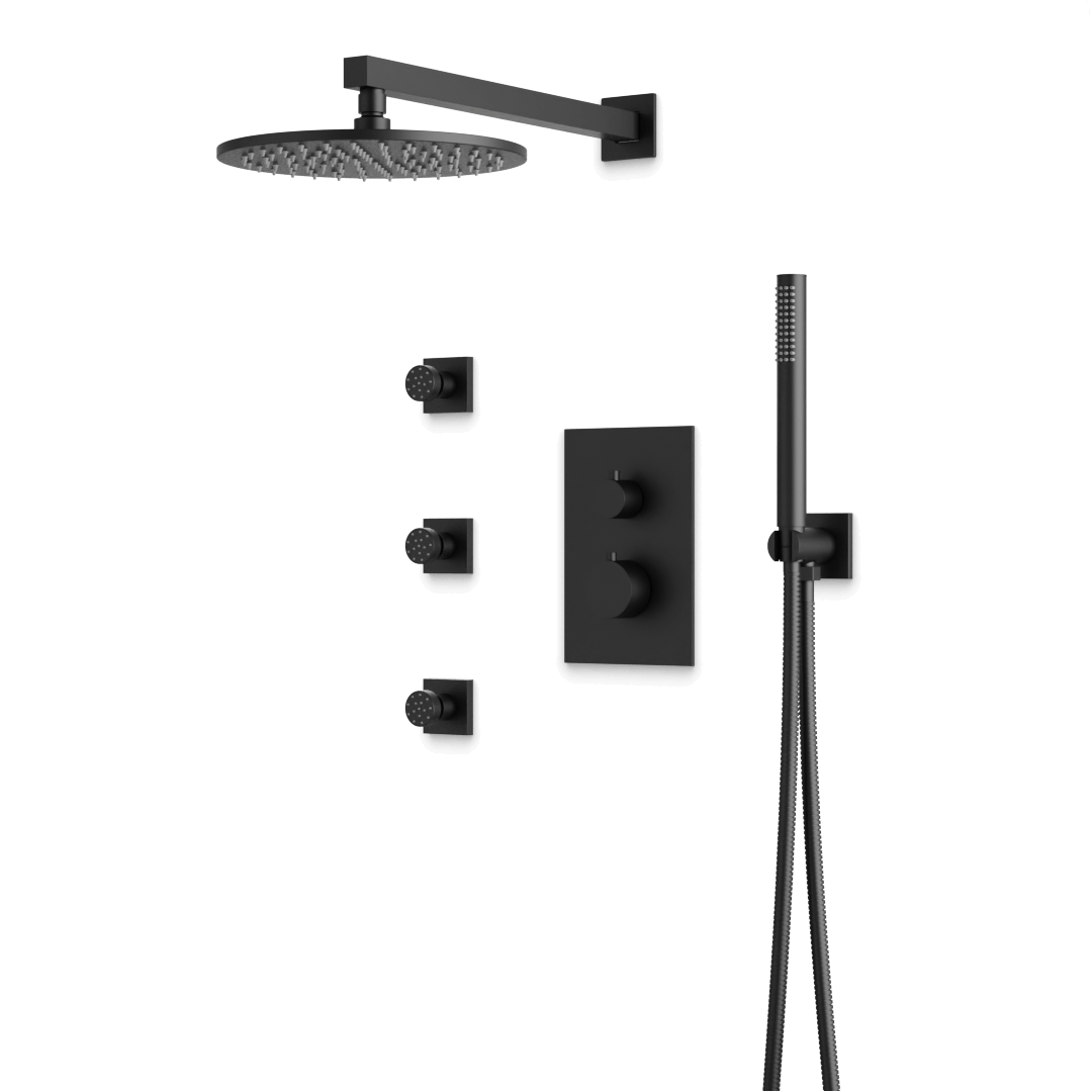 Artos Otella Thermostatic Shower Trim Kit with Hand Shower, Body Jets in Matte Black – Wide Control Trim Style – PS129BK