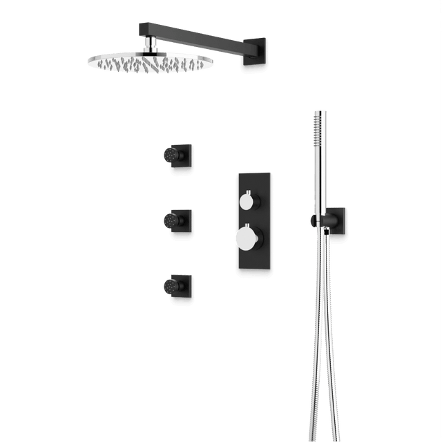 Artos Otella Thermostatic Shower Trim Kit with Hand Shower, Body Jets in Chrome/Matte Black – Wide Control Trim Style – PS129CHB