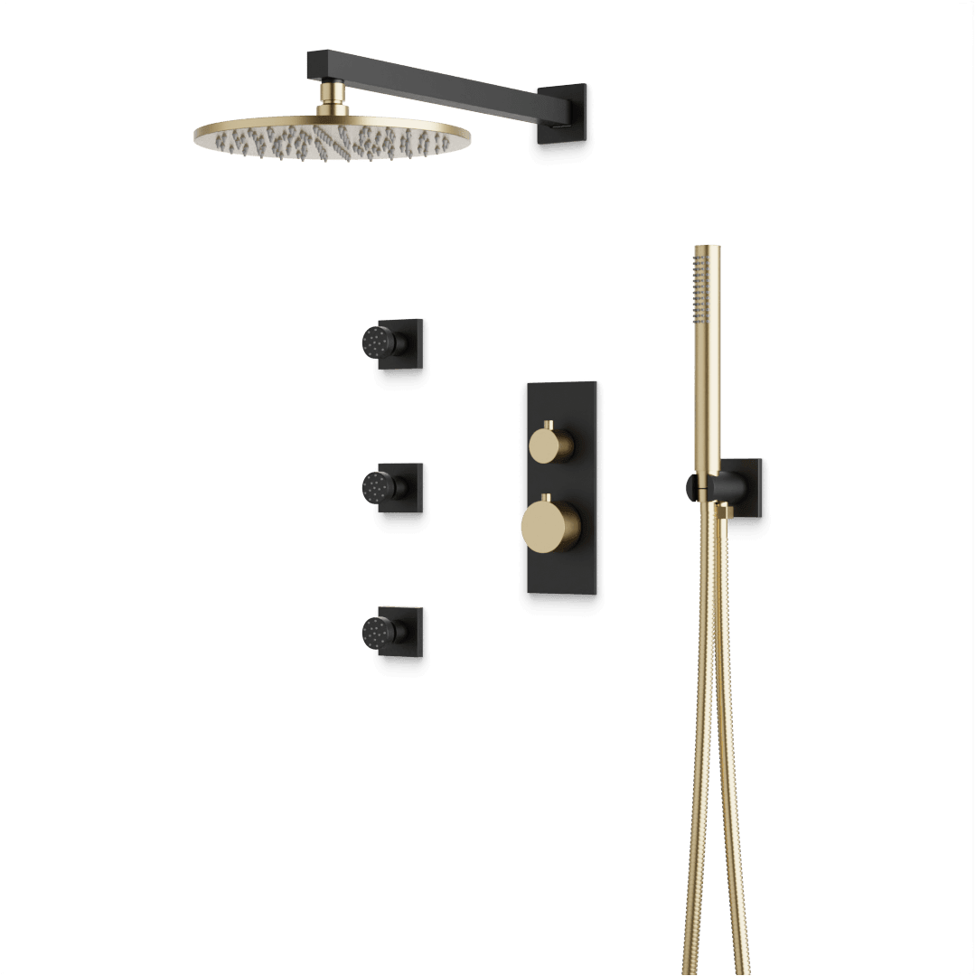 Artos Otella Thermostatic Shower Trim Kit with Hand Shower, Body Jets in Satin Brass/Matte Black – Wide Control Trim Style – PS129SBB