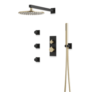 Artos Otella Thermostatic Shower Trim Kit with Hand Shower, Body Jets in Satin Brass/Matte Black – Wide Control Trim Style – PS129SBB