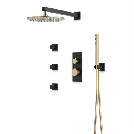Artos Otella Thermostatic Shower Trim Kit with Hand Shower, Body Jets in Satin Brass/Matte Black – Wide Control Trim Style – PS129SBB
