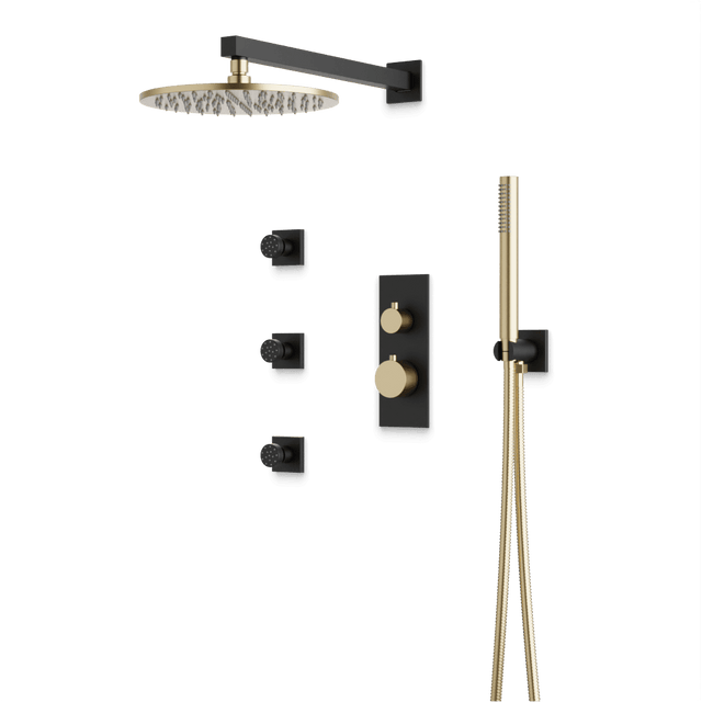 Artos Otella Thermostatic Shower Trim Kit with Hand Shower, Body Jets in Satin Brass/Matte Black – Wide Control Trim Style – PS129SBB