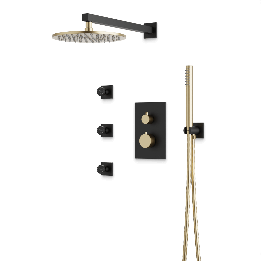 Artos Otella Thermostatic Shower Trim Kit with Hand Shower, Body Jets in Satin Brass/Matte Black – Wide Control Trim Style – PS129SBB