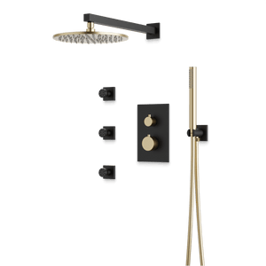 Artos Otella Thermostatic Shower Trim Kit with Hand Shower, Body Jets in Satin Brass/Matte Black – Wide Control Trim Style – PS129SBB