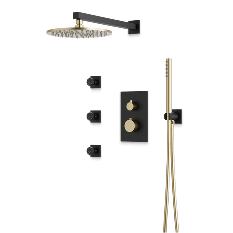 Artos Otella Thermostatic Shower Trim Kit with Hand Shower, Body Jets in Satin Brass/Matte Black – Wide Control Trim Style – PS129SBB