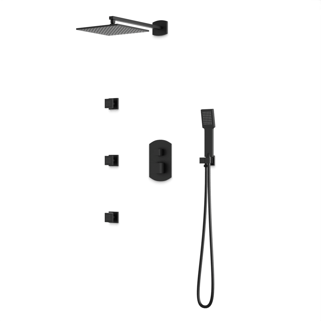 Artos Transitional Thermostatic Shower Trim Kit with Wall Mount Shower Head, Hand Shower, Body Jets in Matte Black – PS130BK