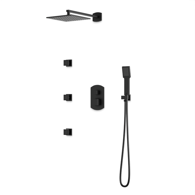 Artos Transitional Thermostatic Shower Trim Kit with Wall Mount Shower Head, Hand Shower, Body Jets in Matte Black – PS130BK