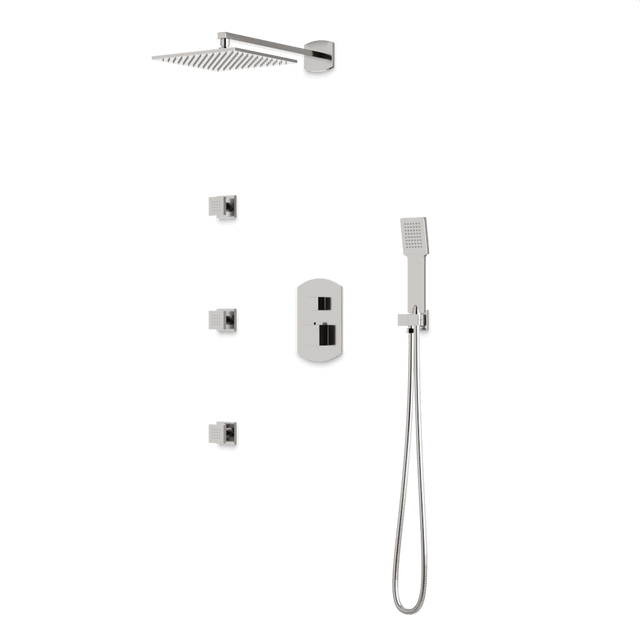 Artos Transitional Thermostatic Shower Trim Kit with Wall Mount Shower Head, Hand Shower, Body Jets in Brushed Nickel – PS130BN