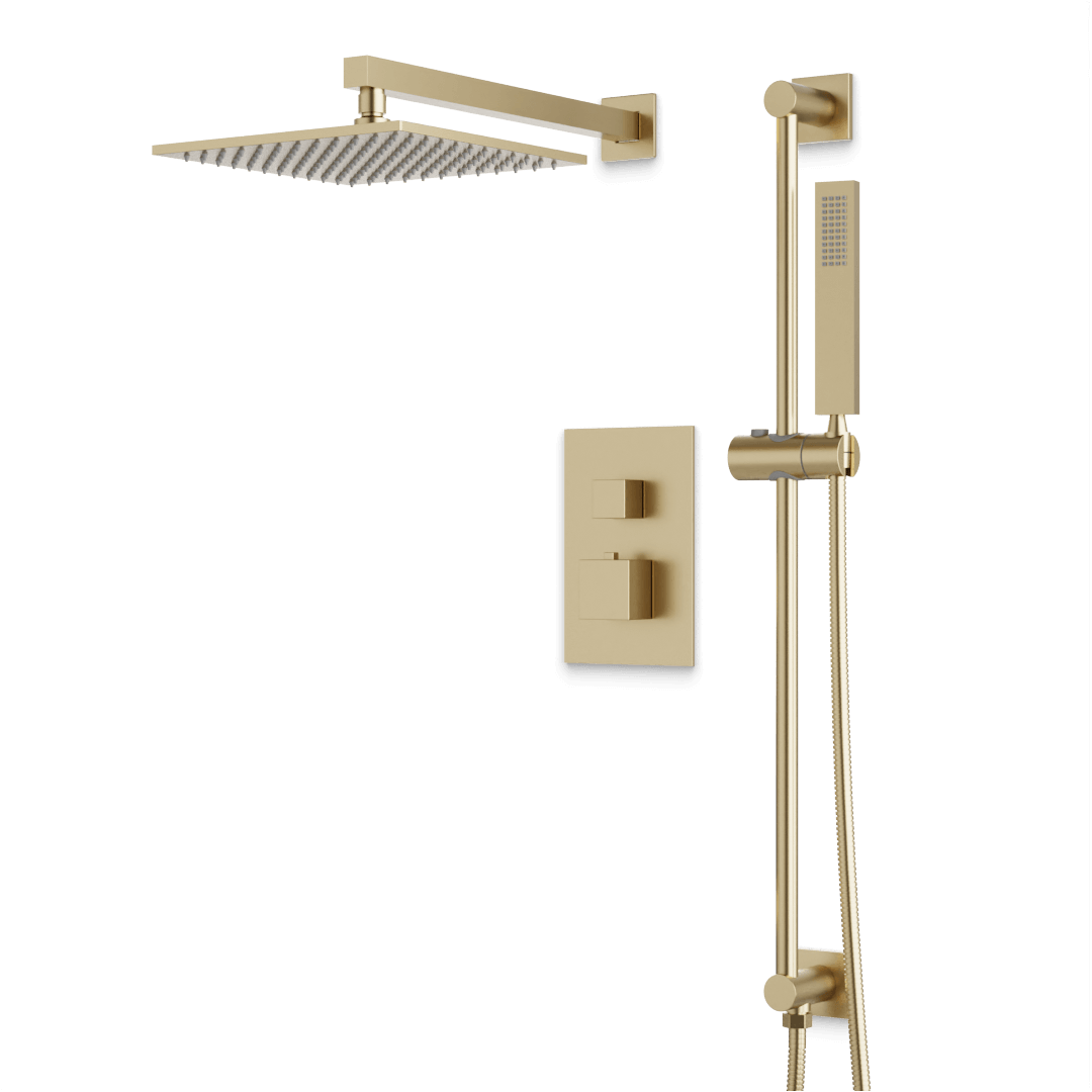 Artos Edge Thermostatic Shower Trim Kit with Wall Mount Shower Head, Hand Shower on Slide Bar in Satin Brass – Wide Control Trim Style – PS135SB