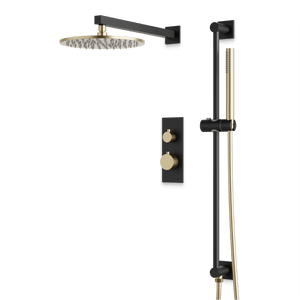 Artos Otella Thermostatic Shower Trim Kit with Hand Shower on Slide Bar in Satin Brass/Matte Black – Wide Control Trim Style