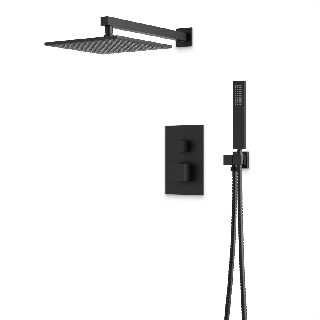 Artos Edge Thermostatic Shower Trim Kit with Wall Mount Shower Head, Hand Shower in Matte Black – Wide Control Trim Style – PS139BK