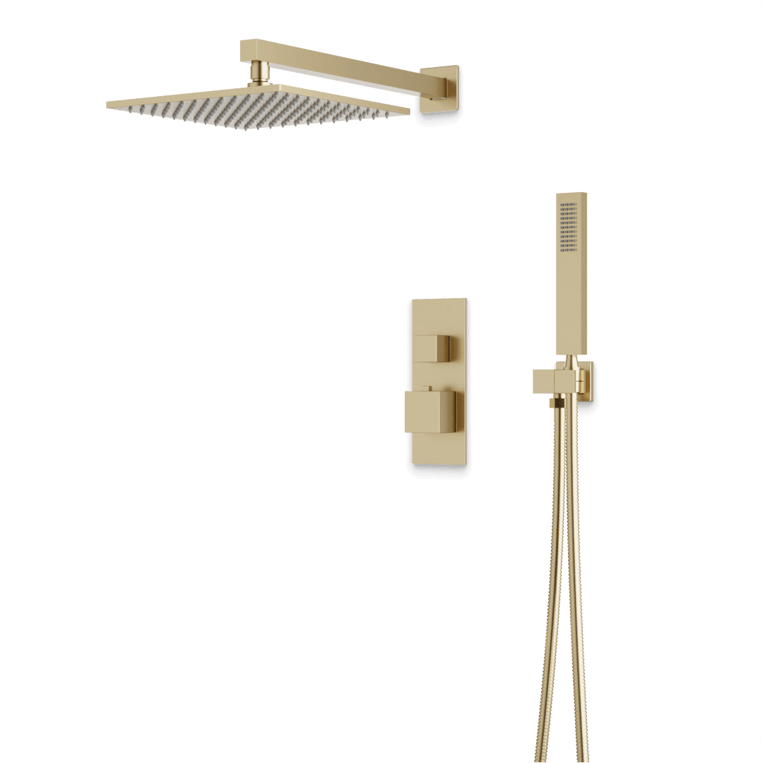 Artos Edge Thermostatic Shower Trim Kit with Wall Mount Shower Head, Hand Shower in Satin Brass – Wide Control Trim Style – PS139SB
