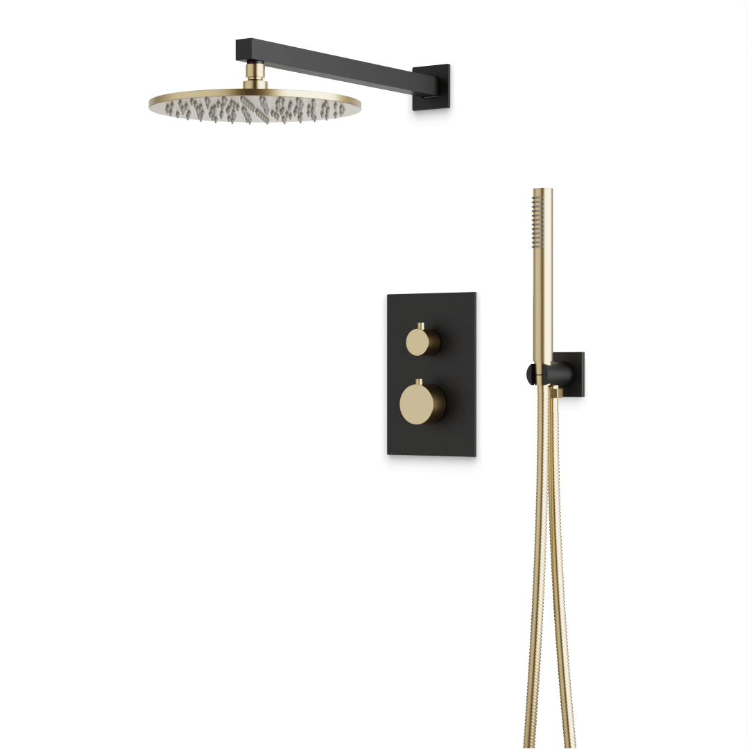 Artos Otella Thermostatic Shower Trim Kit with Hand Shower in Satin Brass/Matte Black – Wide Control Trim Style – PS141SBB