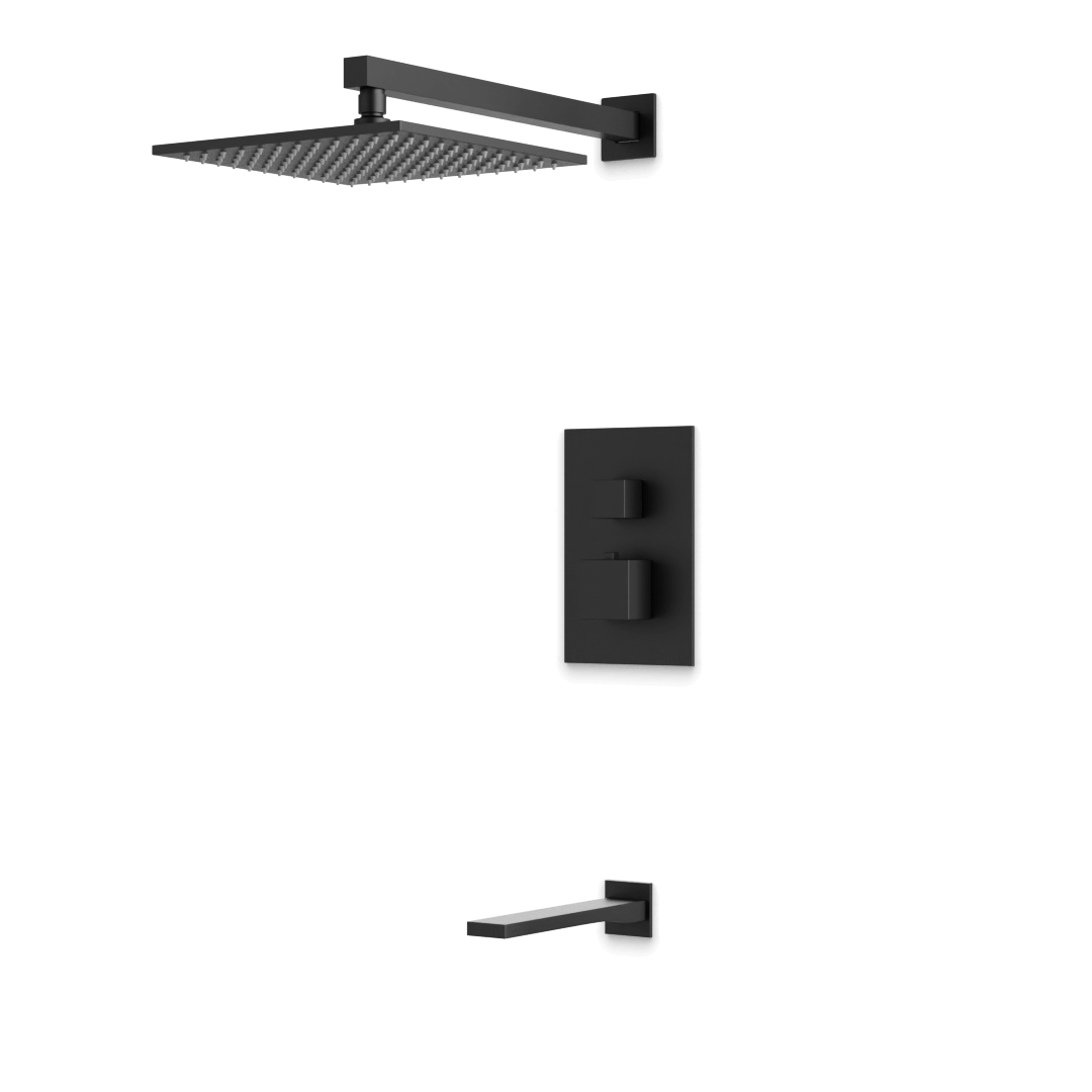 Artos Edge Thermostatic Shower Trim Kit with Wall Mount Shower Head, Tub Filler in Matte Black – Wide Control Trim Style – PS143BK
