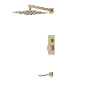 Artos Edge Thermostatic Shower Trim Kit with Wall Mount Shower Head, Tub Filler in Satin Brass – Wide Control Trim Style