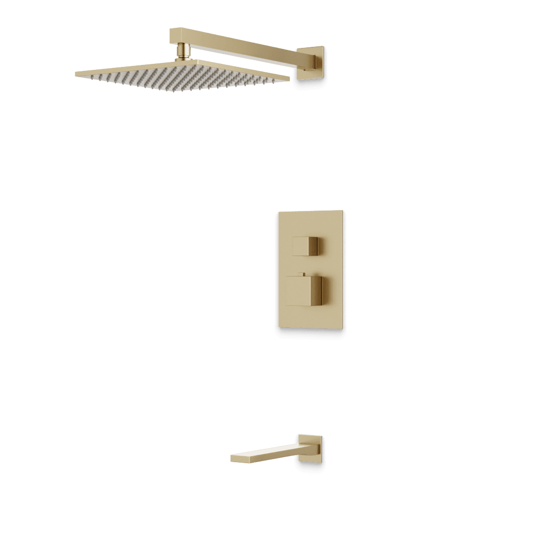 Artos Edge Thermostatic Shower Trim Kit with Wall Mount Shower Head, Tub Filler in Satin Brass – Wide Control Trim Style – PS143SB