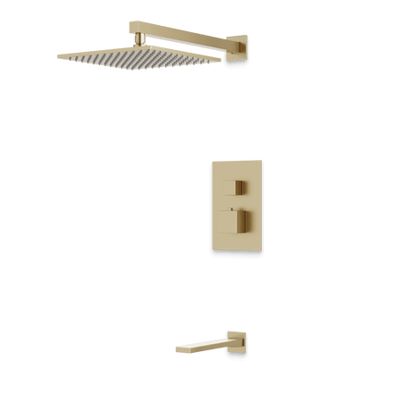Artos Edge Thermostatic Shower Trim Kit with Wall Mount Shower Head, Tub Filler in Satin Brass – Wide Control Trim Style – PS143SB