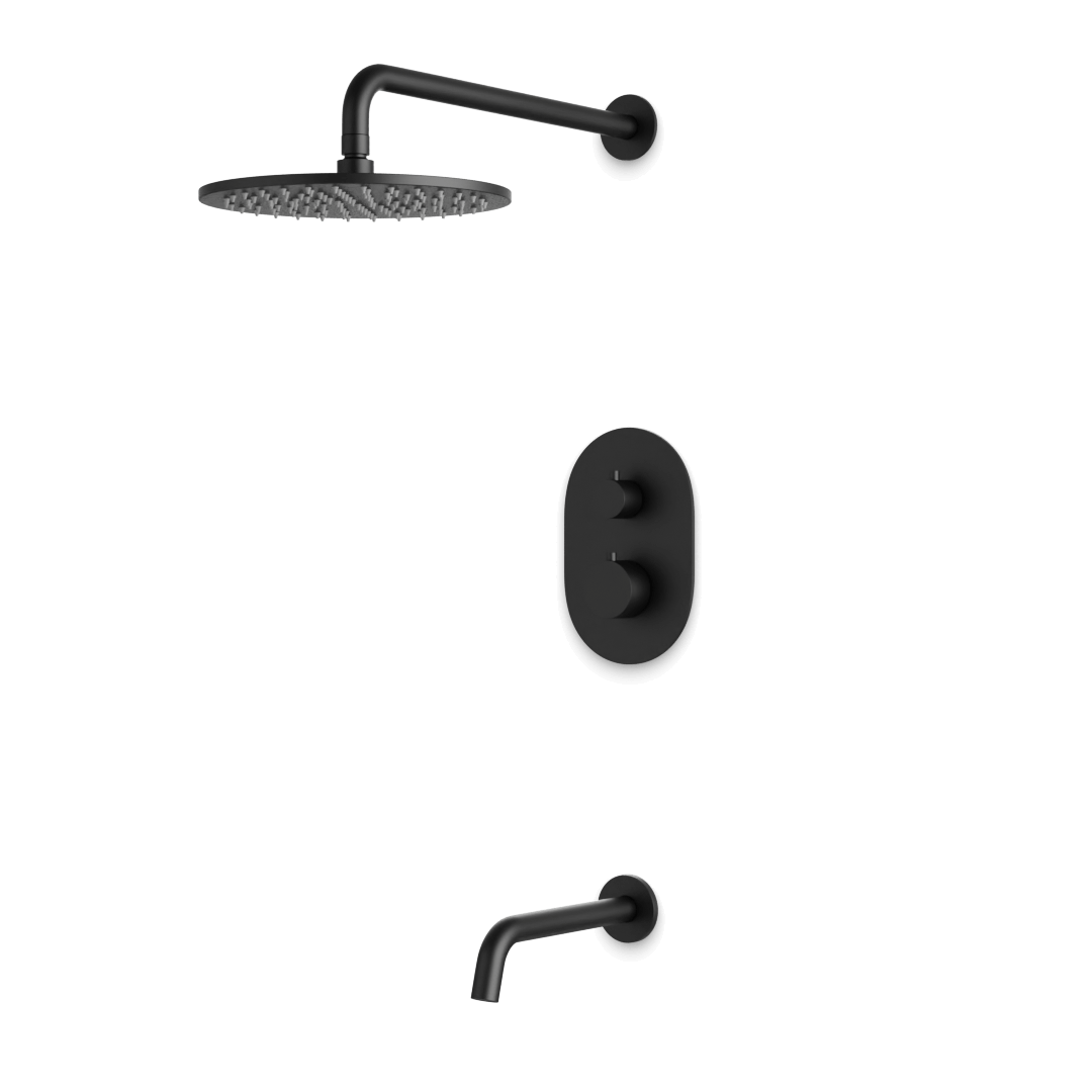 Artos Opera Thermostatic Shower Trim Kit with Wall Mount Shower Head, Tub Filler in Matte Black – Wide Control Trim Style – PS144BK