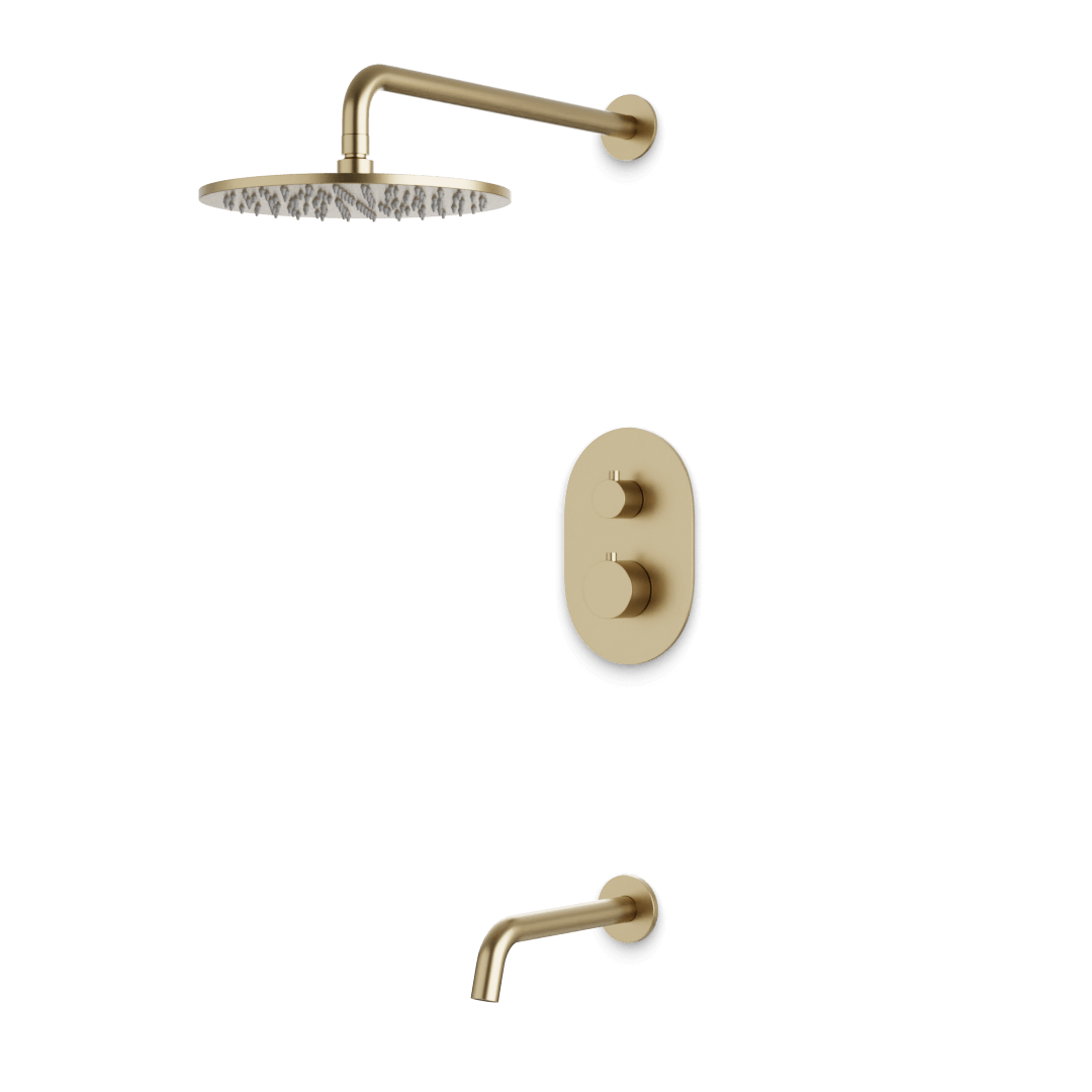 Artos Opera Thermostatic Shower Trim Kit with Wall Mount Shower Head, Tub Filler in Satin Brass – Wide Control Trim Style – PS144SB