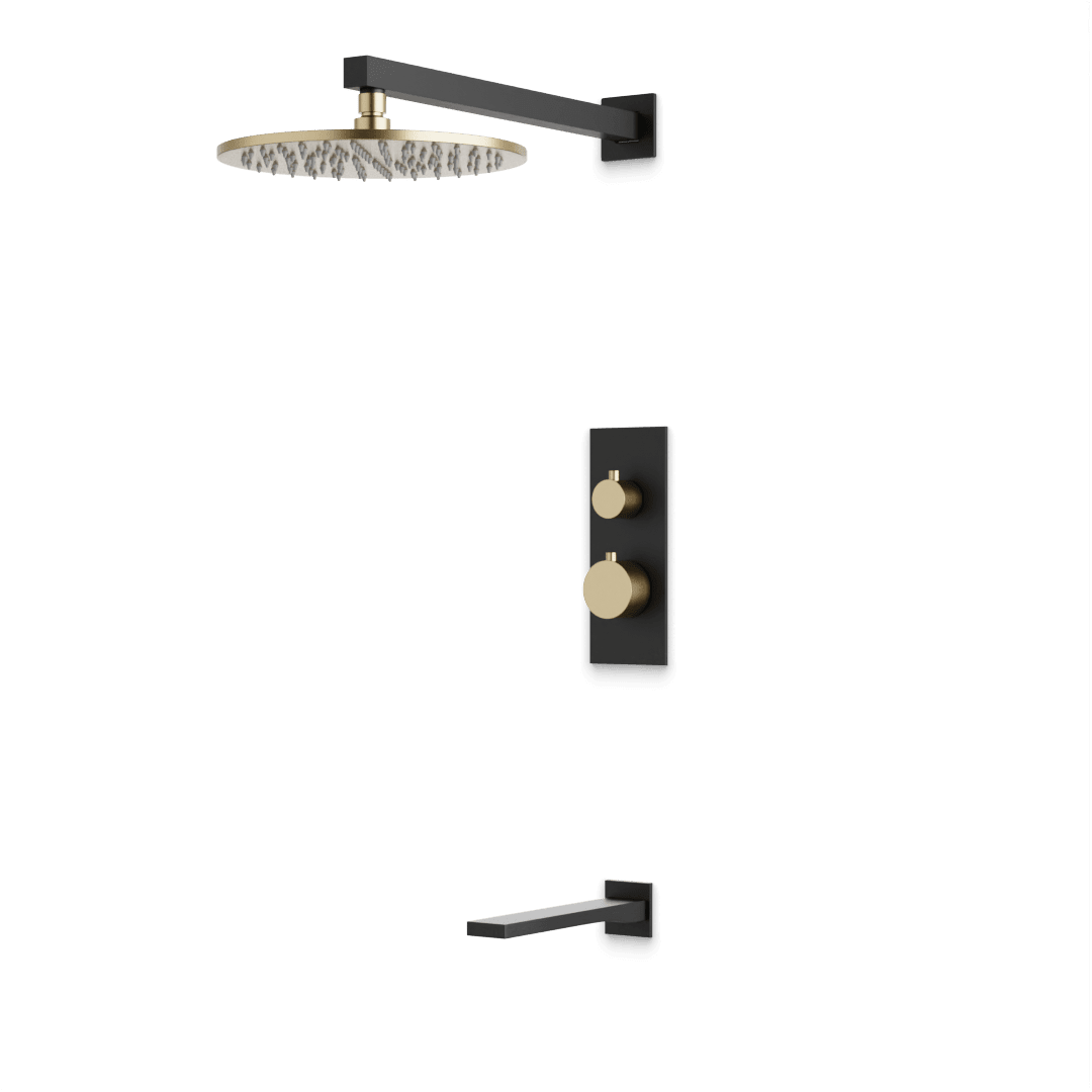 Artos Otella Thermostatic Shower Trim Kit with Tub Filler in Satin Brass/Matte Black – Wide Control Trim Style – PS145SBB