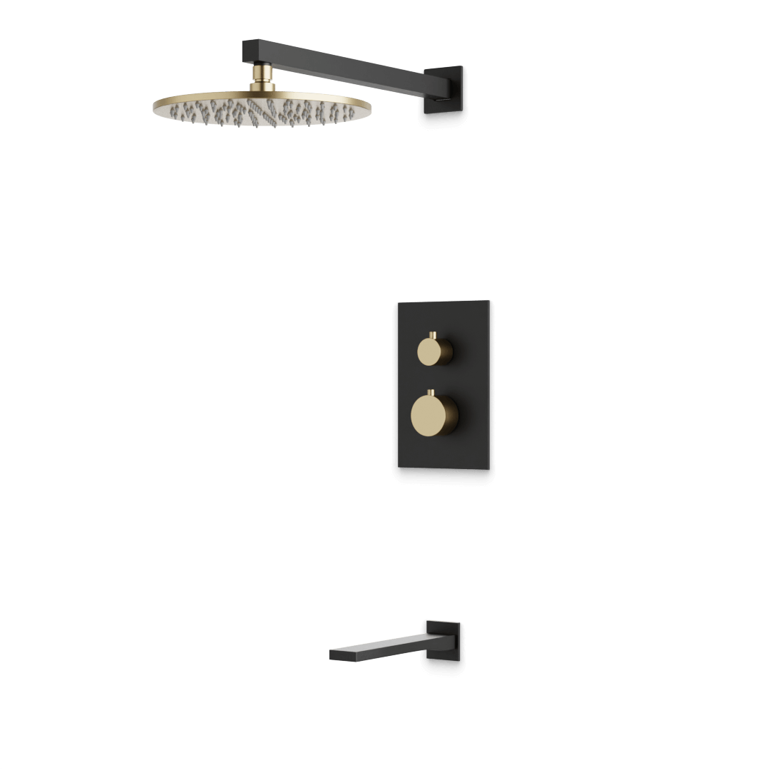 Artos Otella Thermostatic Shower Trim Kit with Tub Filler in Satin Brass/Matte Black – Wide Control Trim Style – PS145SBB
