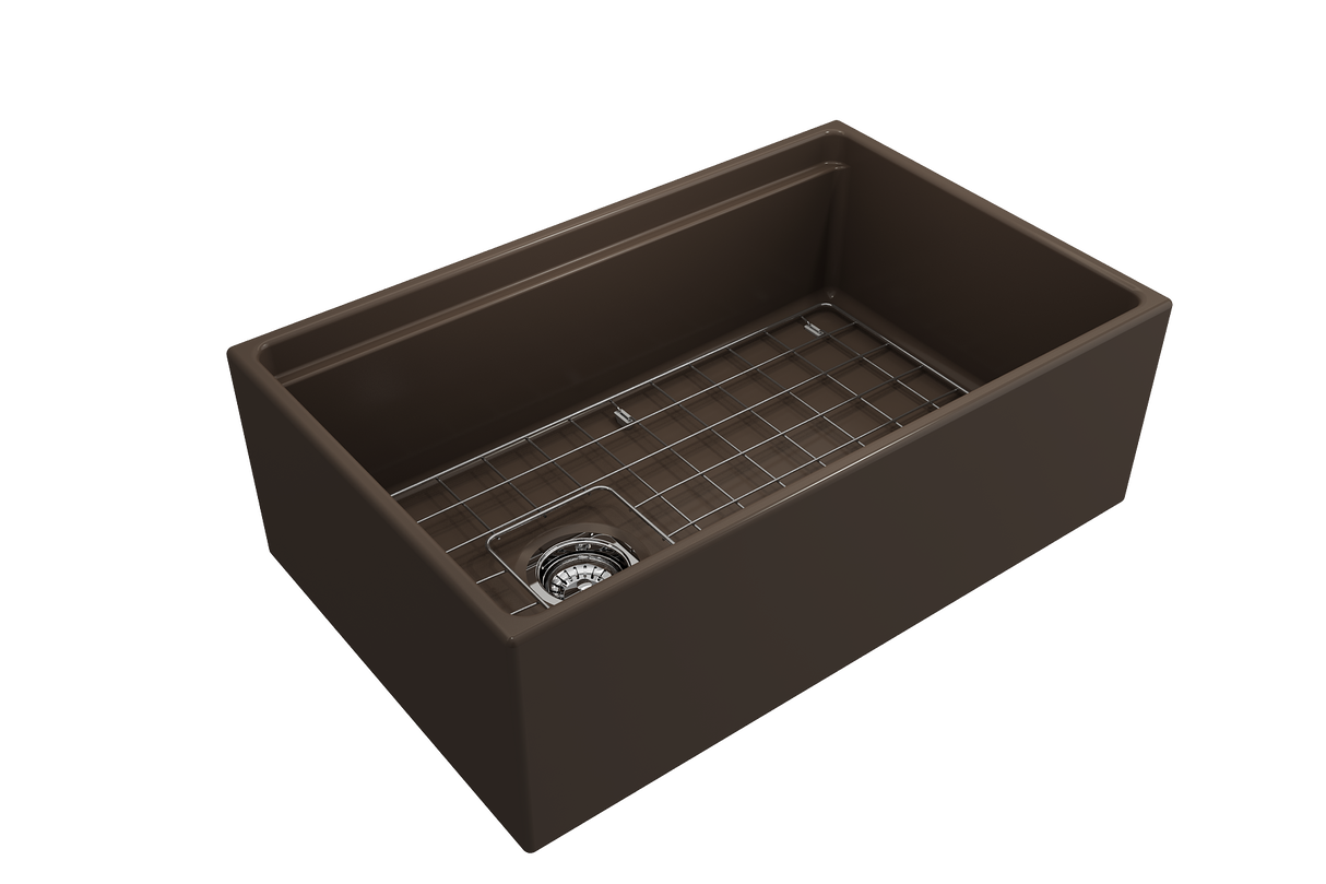 BOCCHI 1344-025-0120 Contempo Step-Rim Apron Front Fireclay 30 in. Single Bowl Kitchen Sink with Integrated Work Station & Accessories in Matte Brown